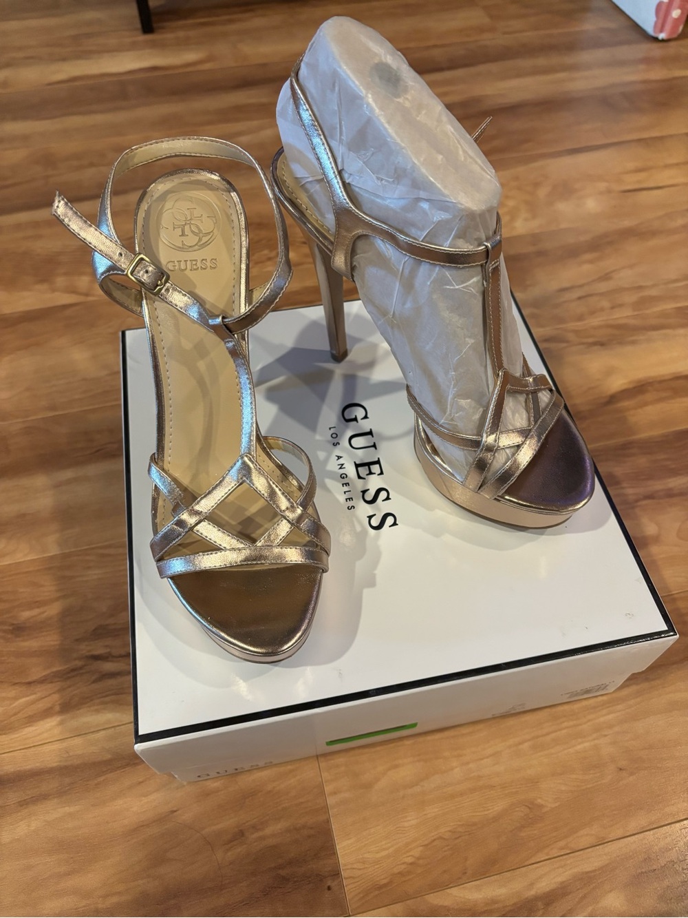 GUESS Light/Natural Gold Strappy Stiletto Heels